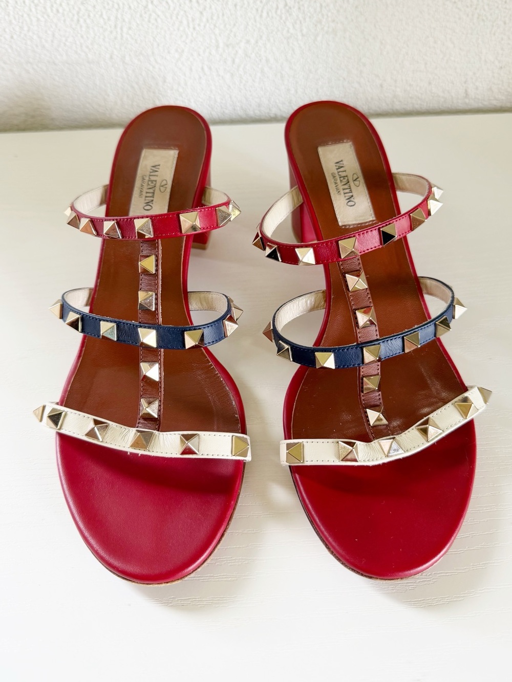 Valentino Garavani Rockstud Red White Blue Leather Sandals Block Heels EU 39 - Picture 6 of 12